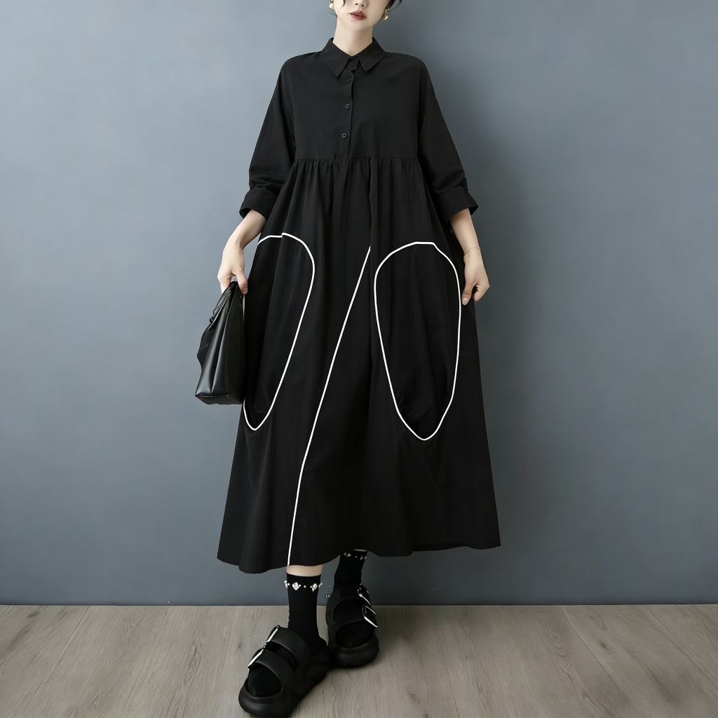Korean Style A Line Shirt Dress - SuperAen Vestido Camisa Assimétrico com Contraste