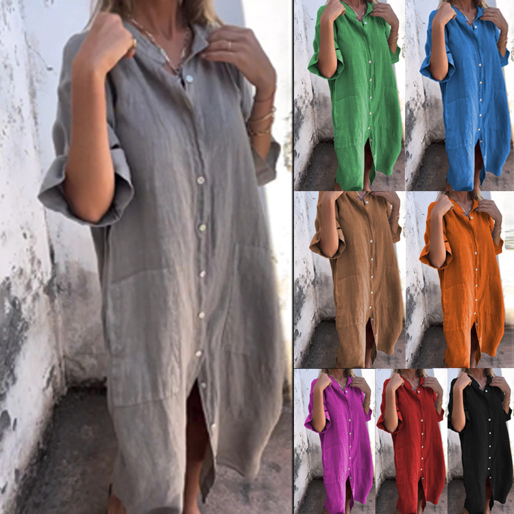 Vestido Camisa Feminino 2026 E - Casual Loose Linen Shirt Dress avaliação e preço