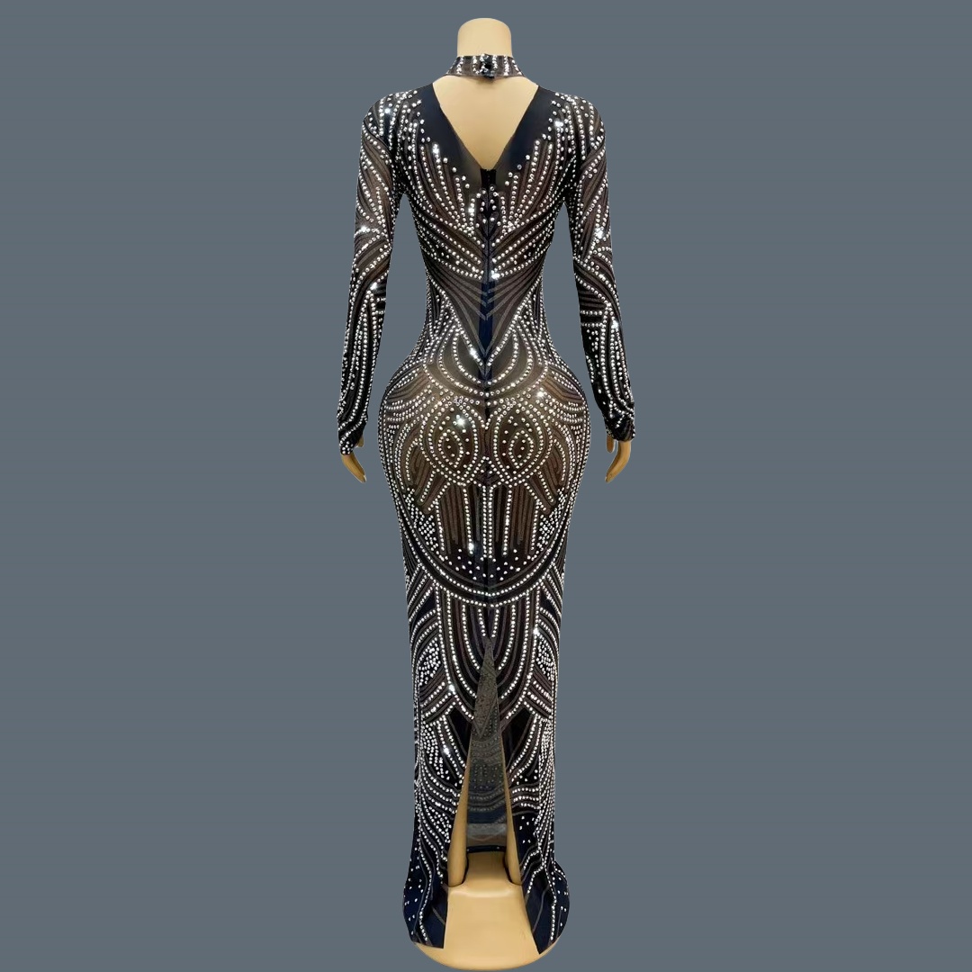 Vestido de Noite Preto com Str - Sparkly Rhinestone Club Party Dress avaliação e preço